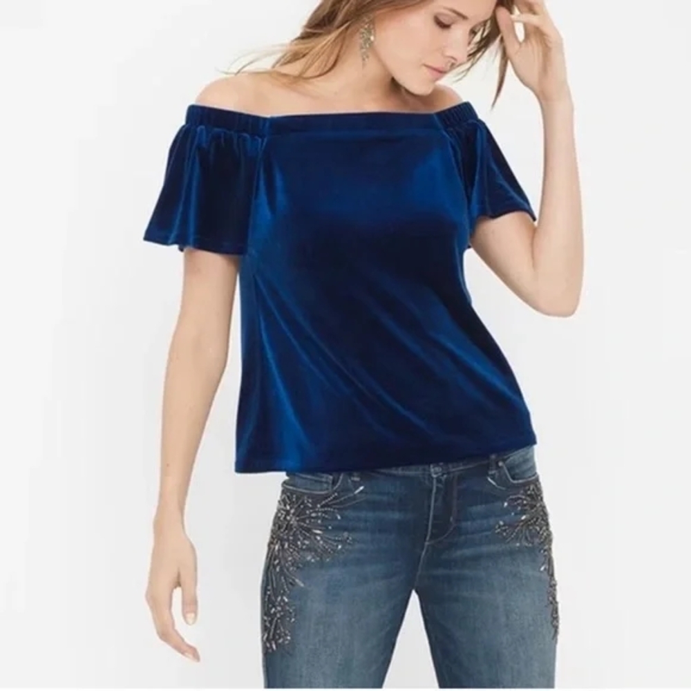 Blue Shirt XS Velvet Off Shoulder Flutter Sleeves Whimsigoth Romantic Date Night